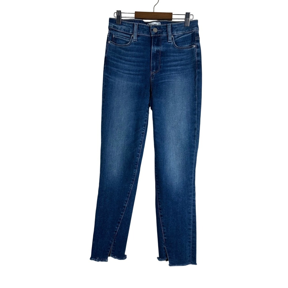 Paige Hoxton Slim High Rise Raw Hem Jeans Blue 27 Side Slit Frayed Denim Pants
